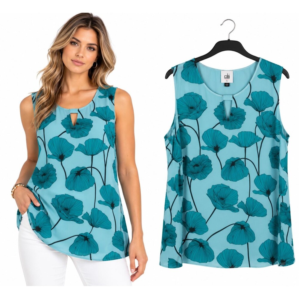 CAbi Poppy Top #3268 Size L Blue Teal Floral Sleeveless Keyhole Lined Blouse